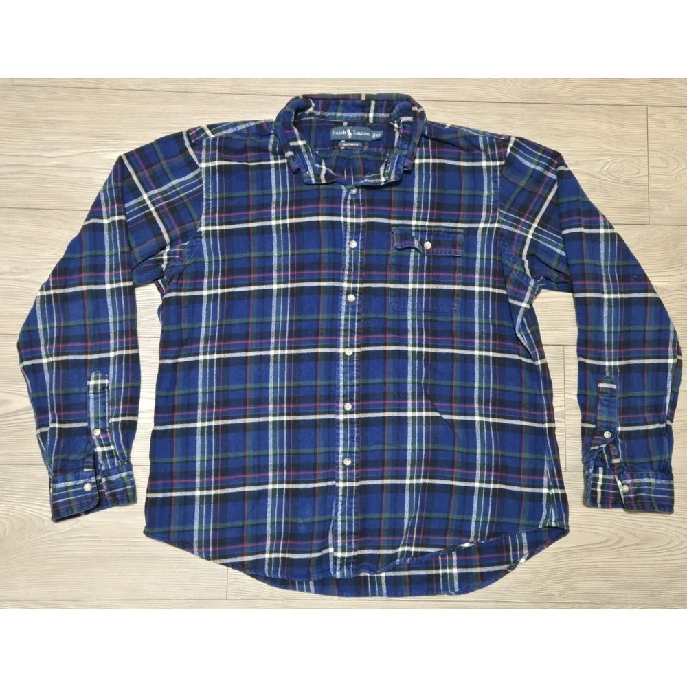 Ralph Lauren Shirt Mens XL Blue Plaid Flannel Button Up Long Sleeve Pony Preppy
